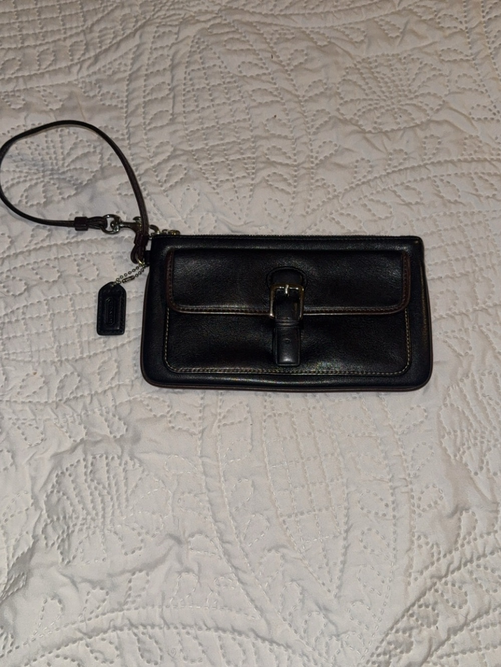 Coach Black Leather Wristlet with Front Buckle Accent